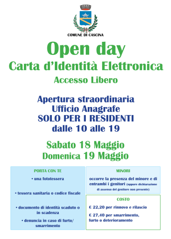 Open day “Carta d’Identità Elettronica” il 18 e 19 maggio