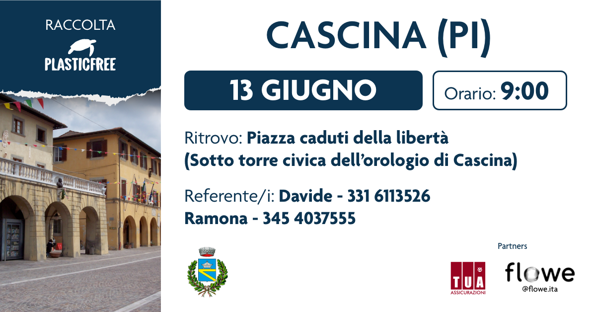 Domenica 13 giugno  - Iniziativa di pulizia dei parchi comunali di Cascina con l'associazione Plastic Free ONLUS